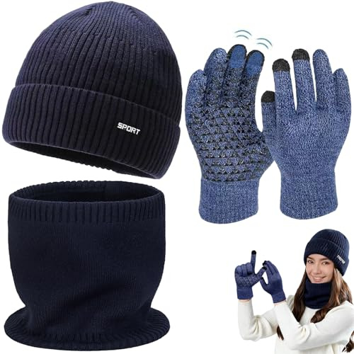 Mino Plus Cappello Sciarpa Guanti Set per Uomo Donna, cappello sciarpa tutto in uno pile,Invernale Beanie Berretto in Maglia Scaldacollo Sciarpa,con Fodera in Pile e Guanti Touch Screen (Blu navy)