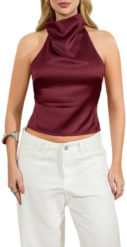 QLQLWDD Women Y2K Sleeveless Halter Neck Satin Top Open Back Mock Neck V Neck Cami Blouse Beach Party Going Out Streetwear (a Claret, S)