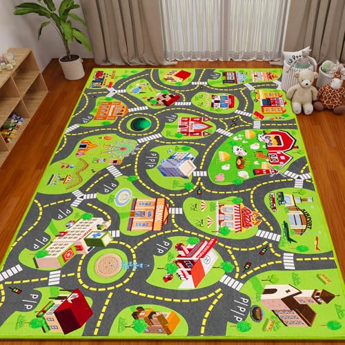 Kids Car Rug Play Mat, Kids Road Car Play Rug for Toy Cars, Educational Town City Map Carpet Vehicle Mat for Boy Playroom Bedroom, Non Slip Car Track Rugs for Kid Baby Children (78.7X47.3, A)