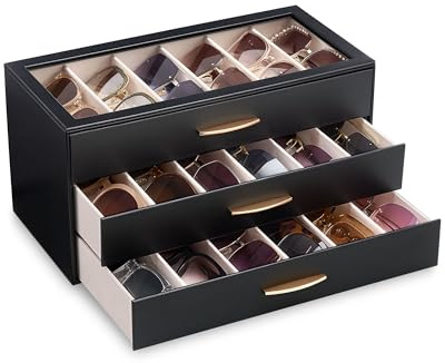 Lolalet Caja para Gafas de Sol Mujer 3 Niveles, Expositor y Organizador de Colección para Gafas con Tapa Transparente en PU -Negro