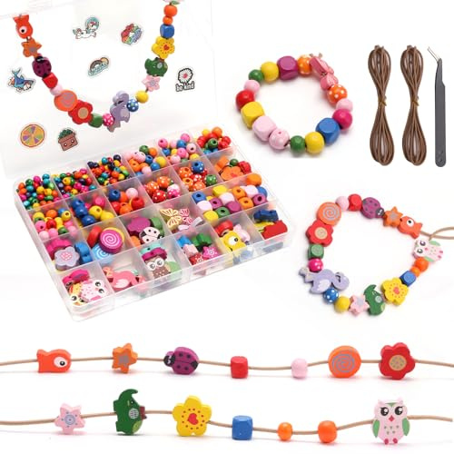Perline in legno da infilare, colorate per bambini, in legno, motivo floreale, animale, per set di braccialetti fai da te