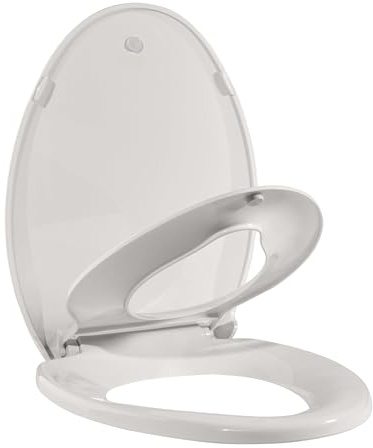 Elongated Toilet Seat for Adult and Child, 19 Biscuit Built-In Potty Training, Soft Quiet Close Non-Slip Design with Magnetic Children's Seat and Cover for Elongated Oval Toilets, Easy Install