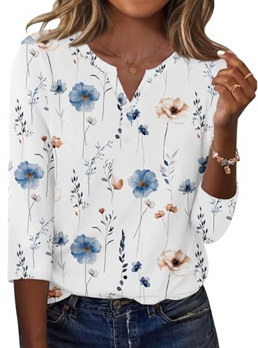 Zeagoo Blusa para Mujer Manga 3/4 Elegante Camisetas Cuello en V Casual Top | Verano Holgada Básica T-Shirt Ligero Elástica con Botones S-3XL