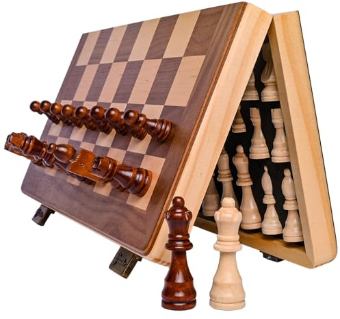 15 Inch Magnetic Wooden Chess Set for Adults & Kids - Folding Travel Chess Board with Handcrafted Staunton Pieces, Extra Queens, and Storage Slots