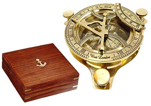 Solid Brass 4 Sundial Compass - with Wooden Box Rustic Vintage Home Decor Gifts