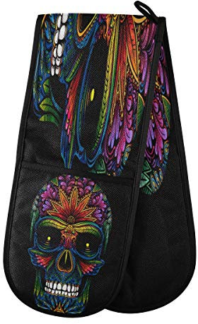 AUUXVA BIGJOKE Gant de cuisine double matelassé en coton Motif crâne mexicain chaton, Gant cuisine anti chaleur, gants de four résistants à la chaleur pour barbecue et poêles