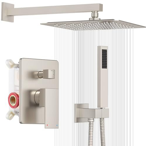 ESNBIA Shower System, 12 Inches Pressure Balance Shower Faucet Set, Rain Shower Heads with Handheld Spray Combo, High Pressure Rainfall Shower Head System, Wall Mounted Shower Fixtures, Brushed Nickel