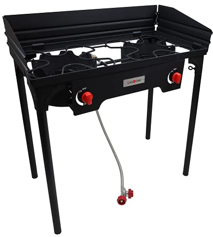 Gas One Propane Double Burner Two Burner Camp Stove with Windscreen Outdoor High Pressure Propane 2 Burner Adjustable PSI Regulator and 4ft Steel Braided Hose With Removable Legs