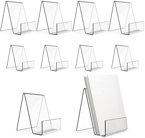 Dicunoy 10Pcs Acrylic Book Display Stand, 2-Size Clear Books Display Easels, Sign Holder Stand, Tabletop Art Holder for Picture Album, Brochure, Paperbacks on Shelves,10x10x15cm, 7.5x9x10cm