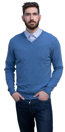 Marenza Col en V pour Homme à Manches Longues en Cachemire en Soie fabriquée en Italie, Denim, XL