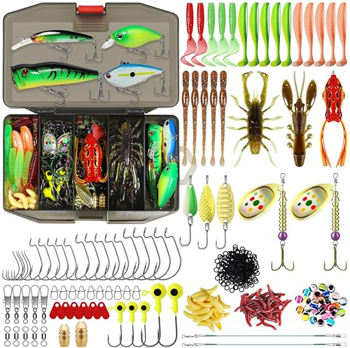 TRUSCEND Complete Fishing Lures - Tackle Box with Tackle Included - Crankbaits, Minnows, Frogs, Vibes, Poppers, Spinners, Spoons, Soft Baits, Hooks & Weights Accessories Kit for Bass Panfish Trout