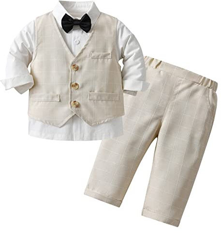 AIEOE 3 PCS Completo Neonato Maschio Battesimo Camicia + Giacca + Pantaloni + Cravatta a Farfalla Maniche Lunghe Adatto da 2-3 Anni Beige