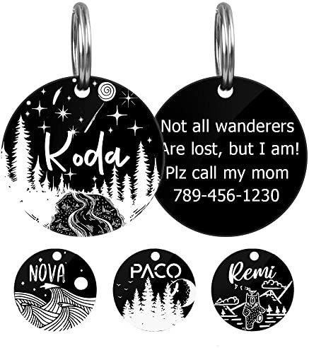 Hundemarke, gravierte Hunde Namensschilder für Haustiere, personalisierte Katzenmarken, runde schwarze Hunde ID Marke/Tag, weiße Lasergravur Hundehalsband Tag (Rund mit Design)