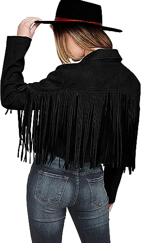 PRETTYGARDEN Women's Fringe Faux Suede Leather Jackets Fall Fashion 2025 Tassel Motorcycle Cropped Coats (Black,Small)