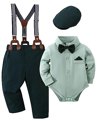 Amissz Trajes de Bebé Niño, Bebés Bautizo Boda Fiesta Conjunto de Peleles con Pajarita+ Pantalón + Sombreros Ropa Verde 3-6 meses