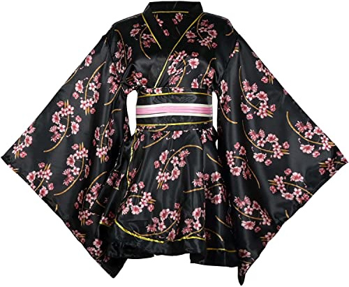 Sexy corto kimono costume giapponese geisha yukata floreale stampato abito Obi cintura set Halloween partito Cosplay Outfit, 22# Nero, taglia unica