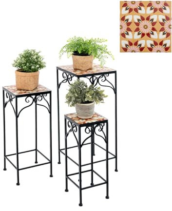 GOPLUS 3er Set Mosaik Blumenständer, stapelbarer Blumenhocker mit Metallgestell & Mosaikplatte, Pflanzenhocker, Vintage Blumentreppe, Gartentisch für Balkon & Terrasse (Quadratisch-Gelb)