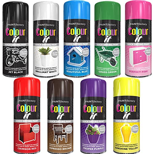 AlezyB - 9 Mix Cans Gloss Finish All Purpose spray paint 400ml Multipurpose AerosoL, Quick and Fast Drying and Excellent Coverage for Metal, Wood, Plastic and More - A13