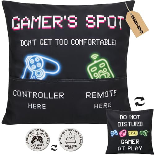 BETESSIN Gaming Gifts Game lover Pillow Cover with Funny Decision Coin 45 x 45cm Double Side Black Pillow Case with Pockets Design for Boy Gaming Room Decor