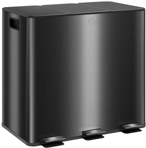 HOMCOM Triple Kitchen Bin, 3 x 15L Pedal Bin, Stainless Steel Three Rubbish Bin with Removable Inner Buckets, Soft Close Lid, Fingerprint-Proof for Recycling and Waste, Black