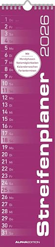 Alpha Edition - Agenda a strisce rosa 2026 – 11,3 x 49,5 cm – Planner da parete per casa, ufficio e famiglia – Pratico calendario da cucina in rosa moderno – Certificato FSC