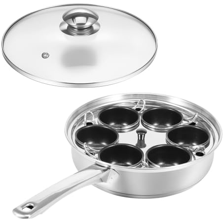 6 Cups Egg Poacher Pan, Stainless Steel Poached Egg Cooker with Glass Cover,Uniform Heating Poached Maker Pan Compatible with Induction Cookers and Gas Stoves for Home Kitchen