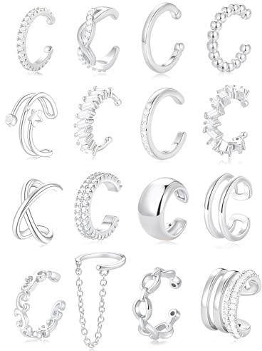 AKEOQI 16 Pcs Ear Cuff Earrings Non Piercing Cubic Zirconia Ear Cuffs for Women Silver Gold Plated Clip on Cartilage Helix Wrap Fake Earrings Jewelry