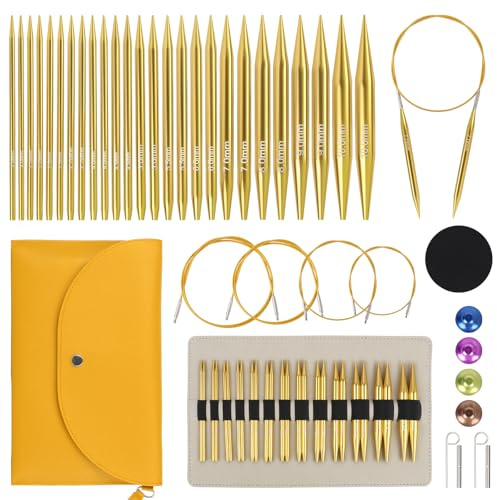Reessy Interchangeable Circular Knitting Needles Set, 13 Pair of Aluminum Round Knitting Needle 3mm-10mm, Circular Knitting Needle Set with Case & Accessories for Beginners Adults-Golden
