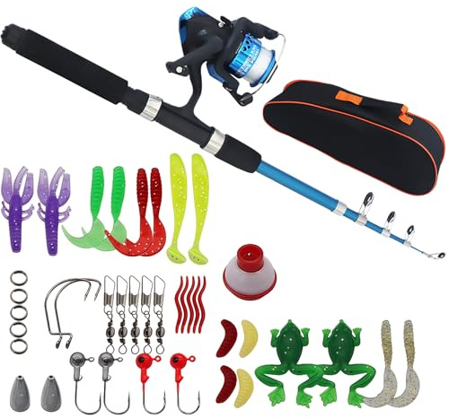 Set da pesca completo per principianti per bambini, set da pesca da 1,5 m per bambini con mulinello, scatola per esche B-Blu, canna da pesca telescopica e borsa da trasporto, set di accessori da pesca