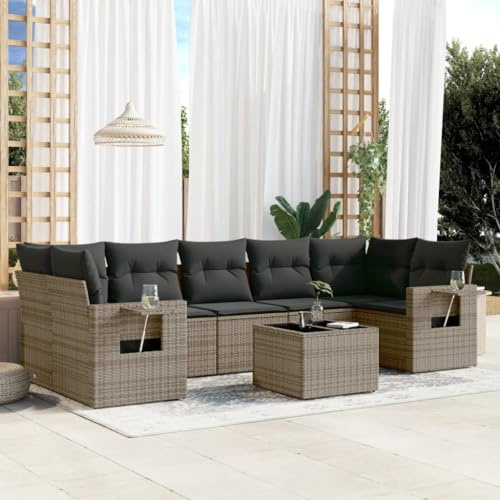 Holamys Ensemble de 8 meubles de jardin en polyrotin gris avec coussins - Mobilier d'extérieur pour terrasse, balcon, jardin, groupe de sièges modulaire - Espace de rangement - Rotin PE résistant aux