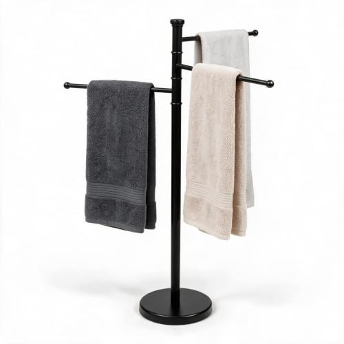 Crystals Freestanding Towel Rack 87cm Stainless Steel Stand with 3 Swivel Arms & Weighted Base – Space Saving Bathroom Towel Holder, Rust Resistant, Modern Design for Home & Guest Use (Black)