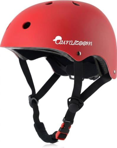AuraZoom BMX Skating Skateboarding Cycling Scootering Bike Rock Climbing Multi-Sport Safety Kids Helmet, Age 3-13, Adjustable for Boys Girls & Toddler (Red, L)