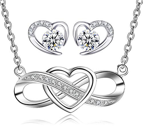 LYL.Adorer Jewellery Set for Women,Infinity Endless Love Heart Necklace,Heart Earrings with Sparkling Cubic Zirconia,925 Sterling Silver, Gift for Women Girls