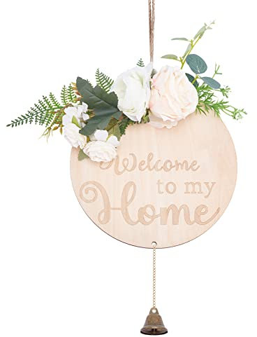 SUPERDANT Bienvenido A Mi Hogar Cartel de Bienvenida Plana Redonda Placa de Puerta de Madera Natural Bienvenido Flor Blanca Colgante Decoraciones de Pared Decoración