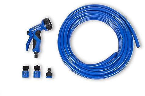 Goodyear - Manguera jardín enrollable 15m | PVC 3 capas anti torsión y anti UV | Pistola de riego 9 posiciones | Conectores rápidos ½ y ¾ | Alta presión, ligera, resistente y fácil de guardar