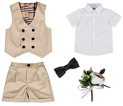 Pojkkläduppsättning, 5 delar barn pojkar kläder set barn sommar väst gentleman pojke bröllop smoking dopklänningar formell ceremoni kostym, Khaki A, 9-10 anni