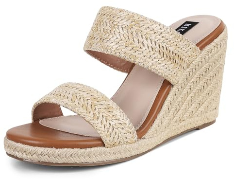 mikarka Slip On Wedge Sandals for Women Open Toe Espadrilles Platform Slides Dressy High Heel Beach Summer Sandal Comfortable Wedges Shoe Mules Natural Raffia US Size 9