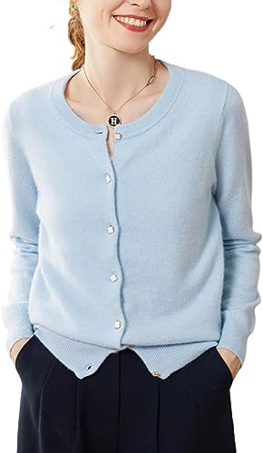 e-girl Gilet Cachemire 95% Femme Col Rond Bleu Ciel Solide Couleur Tricoté Mince Manches Longues Fin Cardigan en Cachemire et Laine,38,SPR2248