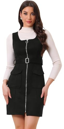 Allegra K Overall Dress for Women's Square Neck Zipper Front Belted Pinafore Faux Suede Mini Dresses Small Black