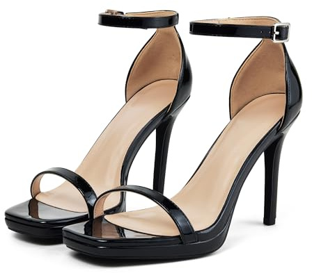Mhuire Women Strappy High Heeled Sandals,4.3-Inch Stiletto Open Square Toe Heels with Ankle Strap at Wedding Bride Prom Date Work Church Dressy Black Patent Size 6