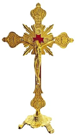 Crocifisso in piedi con base, 25,4 cm, da tavolo, in metallo, crocifisso cattolico con Gesù, crocifisso in oro antico, per la casa, decorazione della cappella, regali religiosi