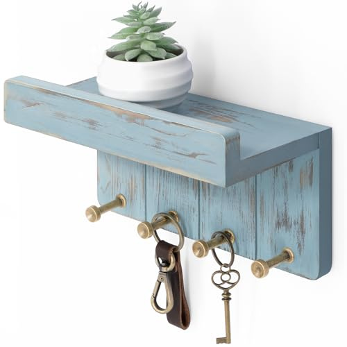 Rebee Vision Key Holder Wall Mount with Shelf for Entryway, Distressed Blue