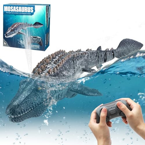 DAWRIS Mosasaurus Ferngesteuertes Boot 2.4GHz Wasserdicht U Boot Ferngesteuert für Kinder ab 6, RC Uboot Ferngesteuert mit LEDLicht & Sprühnebel Dual Propeller Spielzeug für Pool Pond Badezimme