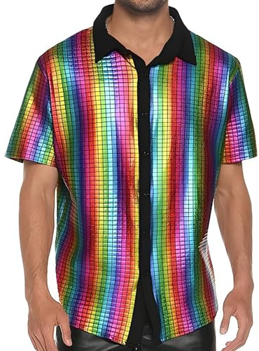 TINAYAUE Men's Disco Shirts 70s Fancy Dress Outfit Shiny Shirt Dance Tops Short Sleeve Button Down Retro Party Sparkly Shirts Nightclub Work Uniform Xmas Prom Costume Rave Clubwear Multicolor