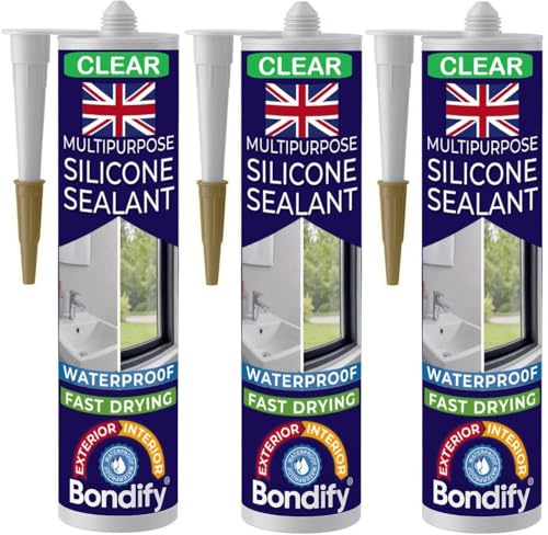 BONDIFY Anti Mould Clear Silicone Sealant Waterproof, Transparent Kitchen and Bathroom Silicone Sealant Clear SOLVENT FREE 3 x 280g, Transparent Window Mastic, Ideal For Shower, Bath, Sink, Window