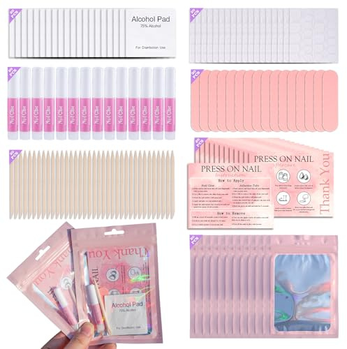 Disposable Nail Supplies Kits,Professional Manicure Press On Nail Tool Kit with Nail File,Adhesive Tabs,Nail Glue,Sticks, Prep Pads,Bags,Cards for Nail Business (140pcs20set-pink)