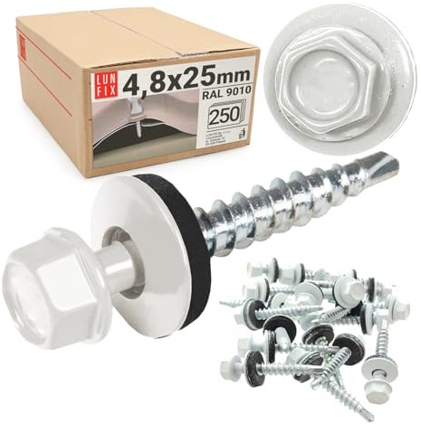 Tornillos autotaladrantes 4,8 x 25 mm Reinweiß RAL 9010 con arandela, 250 uds, tornillos para panel sandwich, chapas metálicas, tejado de metal y madera, tornillos autorroscantes con junta estanca