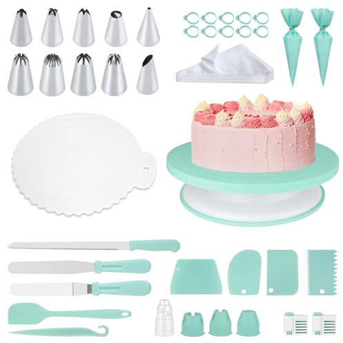 Kit d'accessoires de cuisson pour gâteaux, 139 - Kit de pâtisserie professionnel avec plaque tournante de 11 pouces, 100 poches à douille jetables, coupe-gâteau, poche à douille en acier inoxydable et