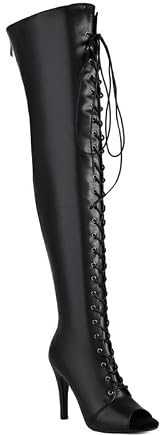 Veelau Meieer Peeptoe Boots Overknee Stiletto Heel High Heels with Lacing & Zip, Smooth black, 8 UK