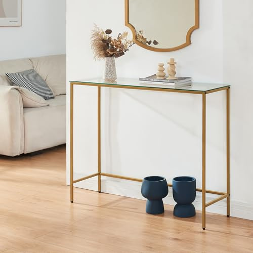 [en.casa] Tavolo a Consolle da Ingresso 100 x 30 x 80 cm Tavolo Stretto con Piano di Appoggio in Vetro e Telaio in Metallo per Corridoio Soggiorno - Color Oro/Trasparente